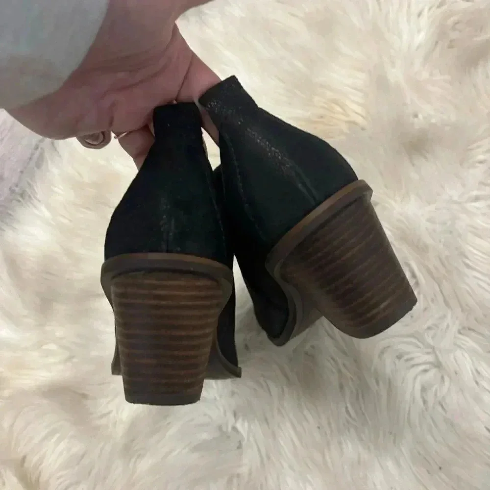Lucky Brand Sauci Almond Toe Block Heel Leather Ankle Booties Black sz 7m